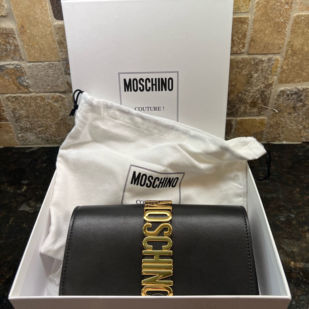 Moschino Black Mini Logo Leather Crossbody Bag
